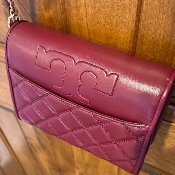 Tory Burch Savannah Comb Burgundy Quilted Crossbody Bag